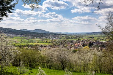 Franconian İsviçre 'de Pretzfeld, Almanya' da tepelerde kiraz çiçeği. Meyve konyağı ve meyve suyu için ünlü bir bölge. Batı Avrupa 'nın kiraz ağaçları için en büyük tarım alanlarından biri..