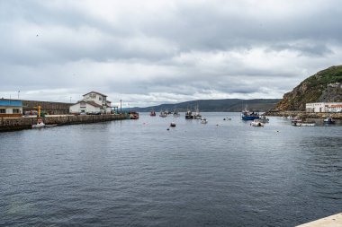 Malpica, İspanya - 24 Haziran 2023: Malpica de Bergantinos Limanı, Costa da Morte, Galiçya, İspanya. Malpica Limanı 'ndaki balıkçı tekneleri ve balıkçı tekneleri..