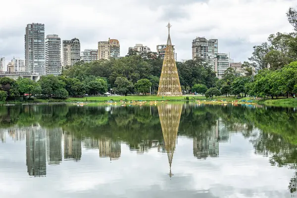 Sao Paulo, Brezilya - 06 Aralık 2023: Brezilya 'daki Parque do Ibirapuera, Sao Paulo gölü. Sao Paulo şehrindeki en büyük parklardan biri..