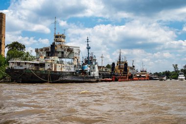 Tigre, Arjantin - 15 Aralık 2023: Parana Delta, Tigre, Buenos Aires, Arjantin tekne turu. Bereketli bitki örtüsü, palmiye ağaçları, modern tuğla evin şantiyesi.