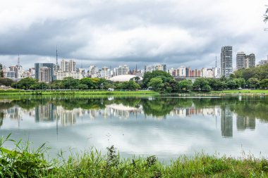 Sao Paulo, Brezilya - 06 Aralık 2023: Brezilya 'daki Parque do Ibirapuera, Sao Paulo gölü. Sao Paulo şehrindeki en büyük parklardan biri..