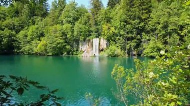 Hırvatistan 'ın Plitvice Gölleri Ulusal Parkı' nda turkuaz suyla şelalenin görkemli manzarası. Avrupa. Hırvatistan 'ın en eski ve en büyük ulusal parklarından biri. UNESCO Dünya Mirası