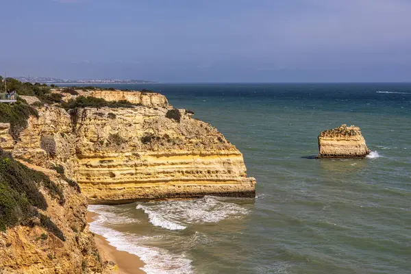 stock image Praia da Marinha Beach among rock islets and cliffs seen from Seven Hanging Valleys Trail, Percurso dos Sete Vales Suspensos. Algarve, Portugal