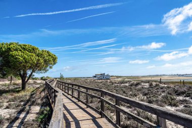 Ria Formosa Doğal Parkı 'ndaki gelgit değirmeni binası, Olhao, Portekiz Algarve