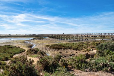 Dönüm noktası yaya köprüsü başlığa ünlü Quinta Ria Formosa sulak doğal koruma bölge peyzaj, Algarve Lago plaj var. Portekiz