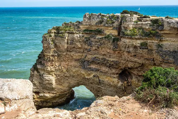 stock image Praia da Marinha Beach among rock islets and cliffs seen from Seven Hanging Valleys Trail, Percurso dos Sete Vales Suspensos. Algarve, Portugal