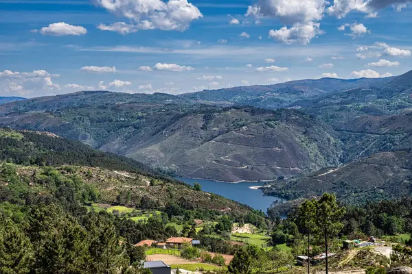 stock image View from Fafiao viewpoint located on the top of parish of Cabril in Montalegre municipality, overlooking Geres Valley, Salamonde Dam and river, Portugal