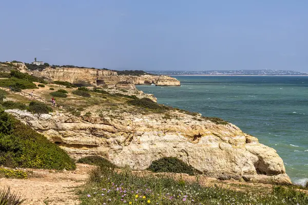 stock image Portuguese coast in Benagil, Algarve, Portugal. Praia do Carvalho. Percurso dos Sete Vales Suspensos. Seven Hangging Valleys Trail.