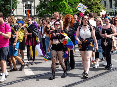 Münih, Almanya - 22 Haziran 2024: Münih 'teki geleneksel CSD geçidi, eşcinseller ve lezbiyenler için eşit hakları savunan siyasi bir gösteri ve renkli bir geçit töreni.