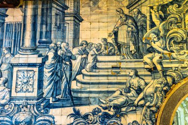 Peniche, Portekiz - Mar 06, 2024: Remedios Şapeli 'nin iç ve seramik azulejos' u, Santuario de Nossa Senhora dos Remedios, Peniche, Portekiz.