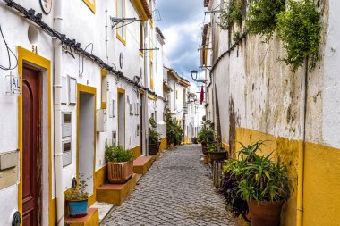 Elvas, Portekiz, Avrupa 'da tipik Portekiz cephesi ve kaldırım taşı sokakları