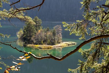Eibsee Gölü 'nde sonbahar renkleri. Alman Alp Dağları Garmisch-Partenkirchen, Bavyera Alpleri, Almanya, Avrupa