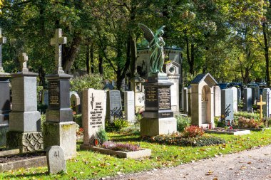 Münih, Almanya - 09 Ekim 2024: Nordfriedhof, Kuzey Mezarlığı 'nın sonbahar manzarası, 34.000 mezarlık, Almanya' nın Münih kentindeki en büyük mezarlıklardan biridir..