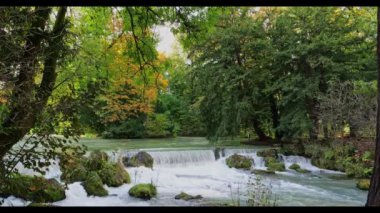İngiliz Bahçesi, Münih, Almanya 'daki Eisbach nehrinde küçük bir şelale yeşil yosun kayalarının üzerinden dökülen ve uzun yeşil ağaçlarla çevrili isar dalgaları.