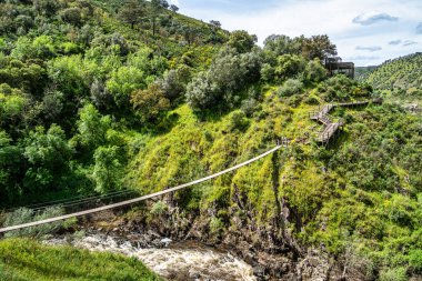 Portekiz 'de Amieira do Tejo' daki Barca da Amieira geçidinde yaya köprüsünün askıya alınması.