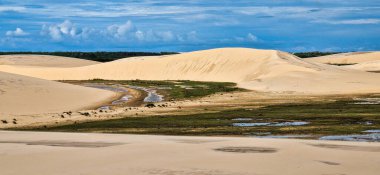 Ilha do Caju 'da Dunas do Mouro, Ilha das Canarias, Brezilya. Delta do Parnaiba ve Delta das Americas. Yeşillik doğa ve kum tepeleri.