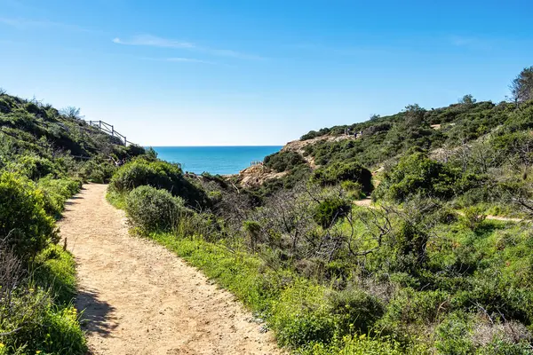 Praia da Marinha Sahili, Yedi Asılı Vadi Yolu 'ndaki kayalıkların ve kayalıkların arasında Percurso dos Sete Vales Suspensos. Algarve, Portekiz