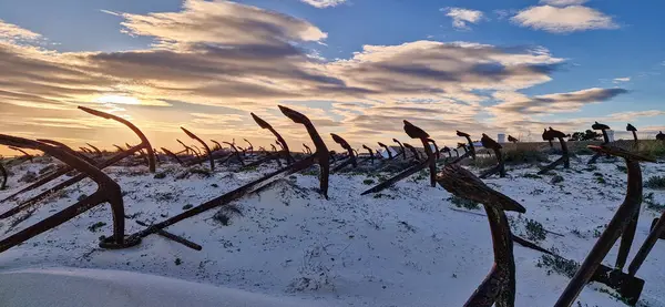 Portekiz, Algarve, Tavira 'daki Praia do Barril plajındaki Anchor Mezarlığı' nın sahilindeki paslı eski çapalar.