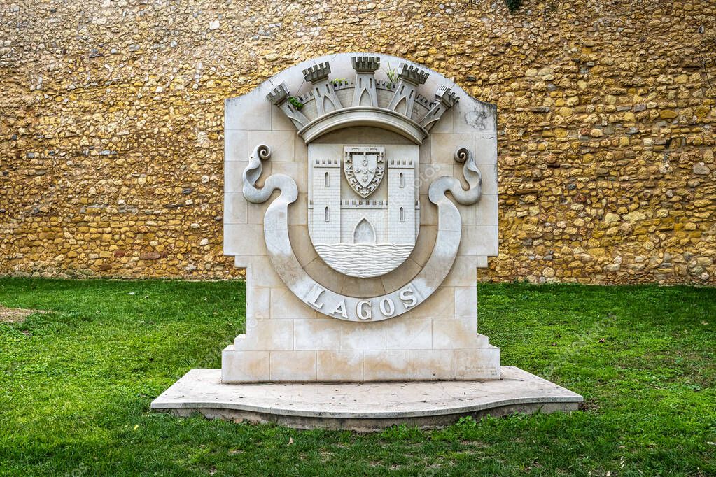 Logo of Lagos at the entrance arch of the Governors Castle, Castelo dos Governadores at Lagos, Algarve in Portugal.