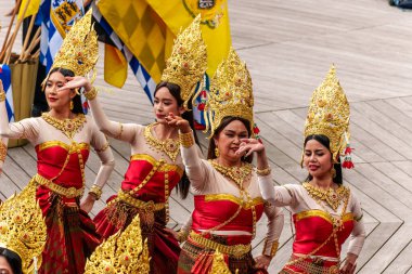 Münih, Almanya - 17 Mayıs 2025: Almanya 'nın Münih kentinde düzenlenen vesakh festivaline, tören cübbesi giymiş Budist cemaatlerinden keşişler ve gruplar katıldı