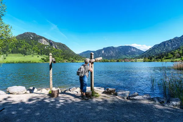 Schliersee, Almanya - 12 Mayıs 2025: Schliersee Gölü etrafında Schliersee, Yukarı Bavyera, Almanya, Avrupa 'daki Bavyera Alpleri' nde güzel yürüyüş patikaları