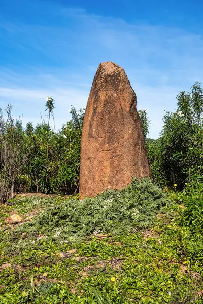 Portekiz, Algarve 'deki Vale Fuzeiros yakınlarındaki kuru tepelerde M.Ö. 6000-4500 yıllarından kalma Sandstone Menir. Circuito Arqueologico da Vilarinha