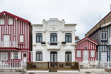 Renkli evleri olan bir sokak. Çizgili evleri olan cadde, Costa Nova, Aveiro, Portekiz. Kosta Nova, Aveiro, Portekiz 'deki renkli evlerin cepheleri.