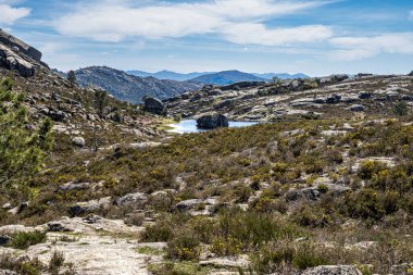 Portekiz 'deki Peneda Geres ulusal parkındaki Penameda Tepesi' nin tepesinde güzel bir göl. Pantano da Peneda