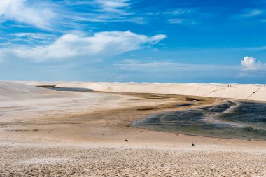 Brezilya 'daki kum tepeleri ve lagoa bonita gölleri, Lencois Maranhenses, Barreirinhas. Taze ve şeffaf su havuzları olan beyaz kum tepeleri.