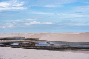 Brezilya 'daki kum tepeleri ve lagoa bonita gölleri, Lencois Maranhenses, Barreirinhas. Taze ve şeffaf su havuzları olan beyaz kum tepeleri.