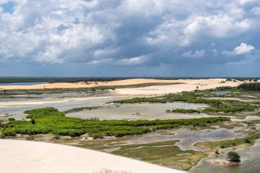 Camocim, Jericoacoara, Brezilya 'da Ceara' daki Funil Dune, Tatajuba Sahili 'nde fayton turu.