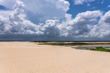 Camocim, Jericoacoara, Brezilya 'da Ceara' daki Funil Dune, Tatajuba Sahili 'nde fayton turu.