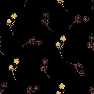 Vahşi çayır çiçeği kusursuz vektör desenli arka plan. Dikey çiçekler siyah altın zemin oluşturur. Çizgi çizgisi siluet botanik tasarımı. Moda için tek renkli çiçekli Cottagecore..