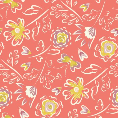 Gerçeküstü yabani çayır çiçeği. Kelebek, kalp, kusursuz vektör yapısı. Dağınık çiçekler, kelebekler, kalpler tropikal renk arka damlaları. Parlak boyanmış botanik çiçek tasarımı.