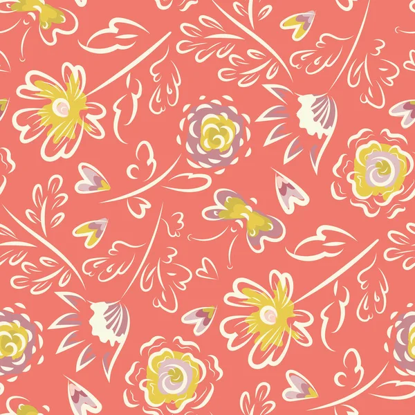 本物の野生の草原の花 バタフライハートシームレスベクトルパターン 散乱花 心熱帯色の背景 明るい絵の輪郭植物の花のデザイン — ストックベクタ