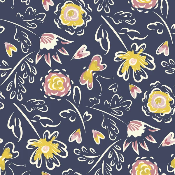 本物の野生の草原の花 バタフライハートシームレスベクトルパターン 散乱花 心青黄色ピンクの背景 明るい絵の輪郭植物の花のデザイン — ストックベクタ