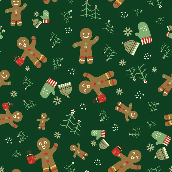 かわいいジンジャーブレッドの男性 冬の帽子手袋 木のシームレスなベクトルパターンの背景 ダークグリーンを基調とした伝統的なクリスマスモチーフ 素朴なスタイルの繰り返しを描いたお祭りの手 Holiday All Print — ストックベクタ
