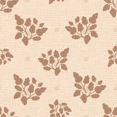 Modern meşe palamudu vektörü kusursuz arka plan deseni. El yapımı yaprak ve meşe palamudu siluetleri tek renkli bej rengi ecru fon. Topraktan düşen yapraklar. Şükran Günü ve ambalaj için sonbahar tasarımı..