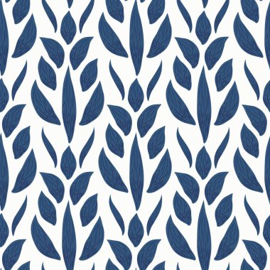 Modern vektör damask tarzı yaprak ya da yapraksız vektör deseni. El yaprağı ya da taç yaprakları çizilmiş mavi beyaz bir arka plan. Klasik süsleme, gevşek geometrik tekrar. Bitkisel barok tekrarı..