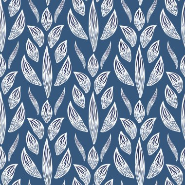 Modern vektör damask tarzı yaprak ya da yapraksız vektör deseni. El yaprağı ya da taç yaprakları çizilmiş mavi beyaz bir arka plan. Süslü ahşap biçimli geometrik tekrar. Çiçek botanik barok tasarımı.