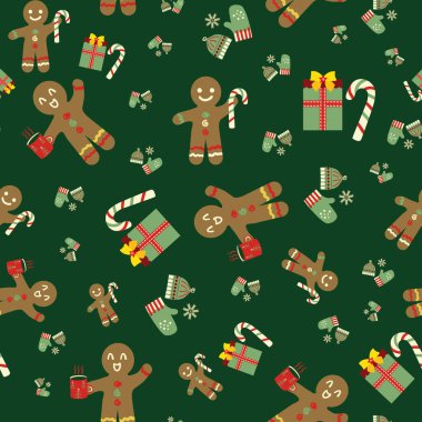 Tatlı zencefilli çörekler, baston şekerler, kusursuz vektör desenleri sunar. Koyu yeşil zeminde geleneksel Noel motifleri. Eğlenceli bir el, saf bir şekilde tekrar ediyor. Her yerde tatiller var..