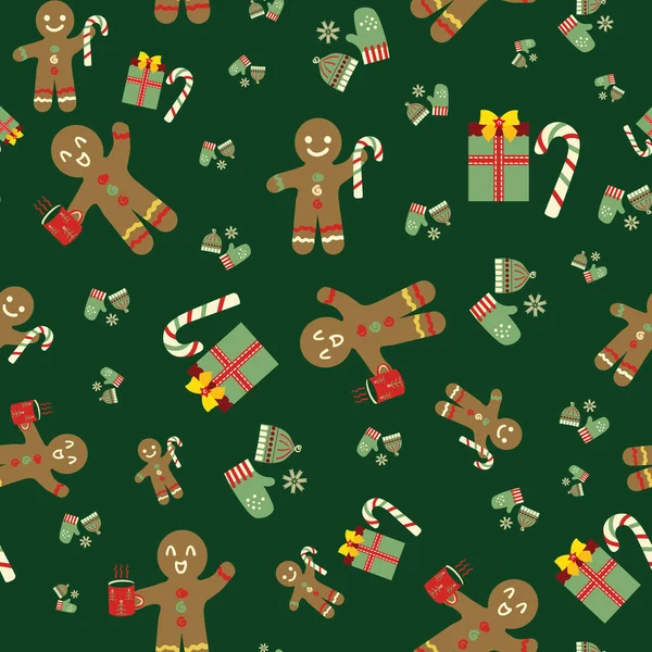かわいいジンジャーブレッドの男性 キャンディーの杖は シームレスなベクトルパターンの背景を提示します ダークグリーンを基調とした伝統的なクリスマスモチーフ 楽しいお祝いの手は素朴なスタイルの繰り返しを描いた Holiday All Print — ストックベクタ