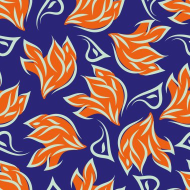 Dönen yaprak, dikişsiz vektör şablonu. Mavi çizgili beyaz botanik yaprak, dağınık çizgili yaprak. Duotone arka fon. Paketleme için çok yönlü tasarım, yaz..