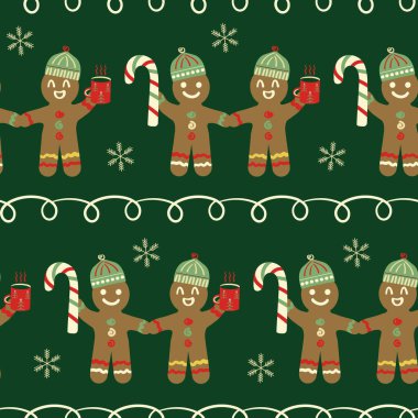 Tatlı zencefilli çörekler, baston şekerler, karalama çizgileri kusursuz vektör desenli arka plan. Koyu yeşil zeminde geleneksel Noel motifleri. Eğlenceli el çizimi naif stil Mutlu Tatiller için tekrarla.