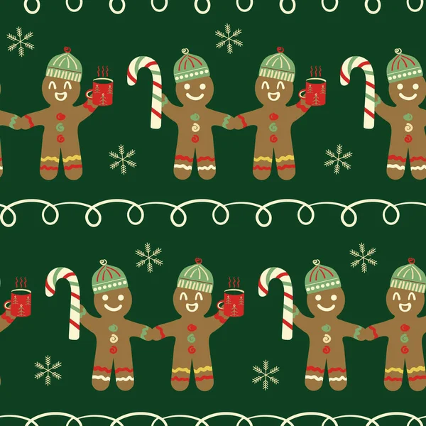 可爱的姜饼人 糖果手杖 涂鸦线无缝矢量图案背景 传统圣诞主题为深绿色背景 喜庆的手绘天真无邪的复古佳节 图库插图