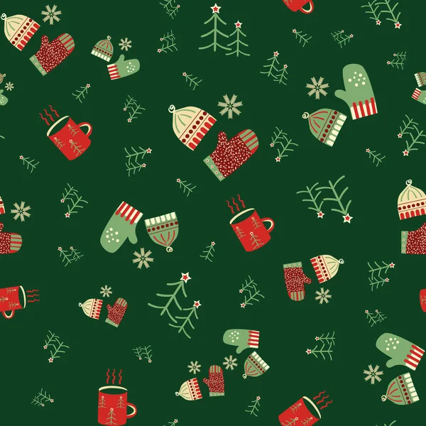 モミの木 暖かい飲み物シームレスベクトルパターン 手は居心地の良い暖かいミトン マグカップの木のモチーフを描きました ニットウールの冬服の背景 楽しいクリスマスの繰り返し — ストックベクタ