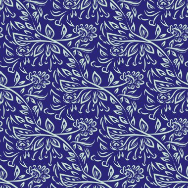Modern vektör yatay damask tarzı yaprak ya da yapraksız vektör deseni. El yaprağı ya da taç yaprakları çizilmiş mavi bir arkaplan. Klasik süsleme, yoğun geometrik yineleme. Çiçekli barok tekrarı