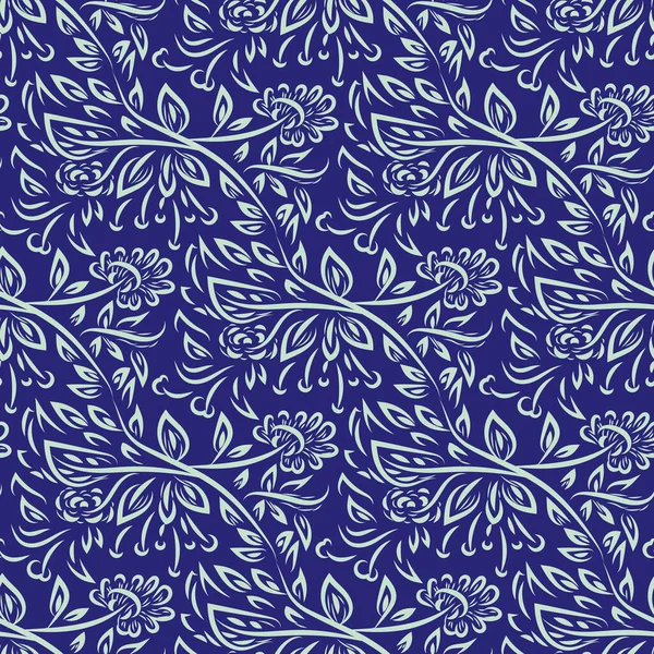 現代のベクトル水平ダマスクスタイルの葉や花弁シームレスベクトルパターン 手描きの葉や花弁を持つ青の背景 古典的な装飾 密な幾何学的な繰り返し 花のバロック — ストックベクタ