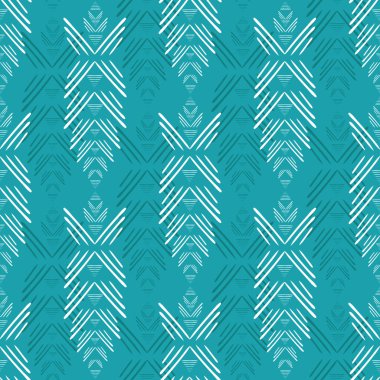 Aztek geometrik vektörü kusursuz model arka planı. El çizimi dikey dekoratif motiflerle su mavisi arkaplan. Paketleme için paralel simetrik tekrar. Yaz, okyanus konsepti.