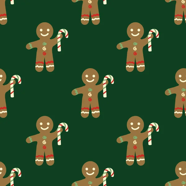 Stock vector Cute gingerbread men, candy canes vector pattern background. Traditional Christmas smiling laughing cookie character motifs on dark green backdrop. Fun festive hand drawn naive style for Holidays..